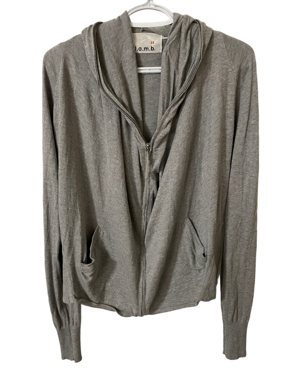 Y2K L.A.M.B. Cotton/ Cashmere Blend Grey Zip-Up Hooded Cardigan Size Medium